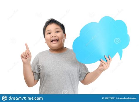 asian boy holding empty blue speech bubble isolated stock image image