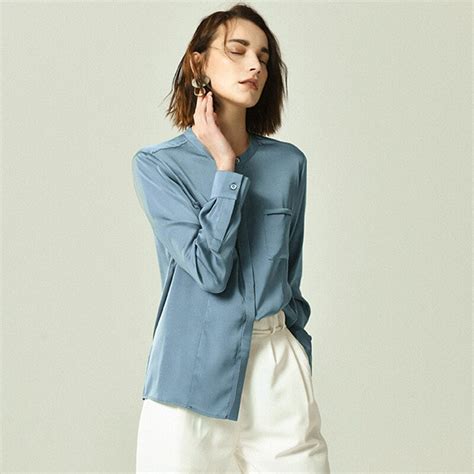 heavy silk blouse women shirt simple design long sleeves pockets  colors office work top