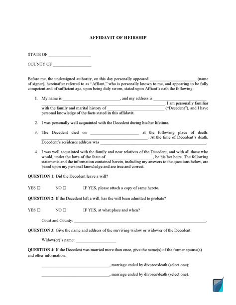 affidavit  heirship form declaration  inheritance template