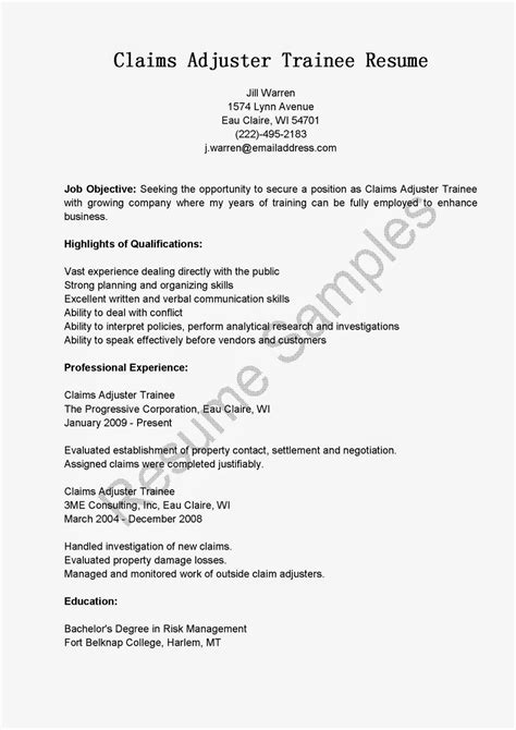 resume samples claims adjuster trainee resume sample