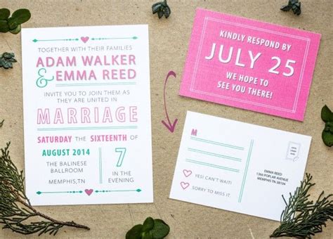 fun and modern wedding invitation and rsvp postcard custom design printable or printed heart