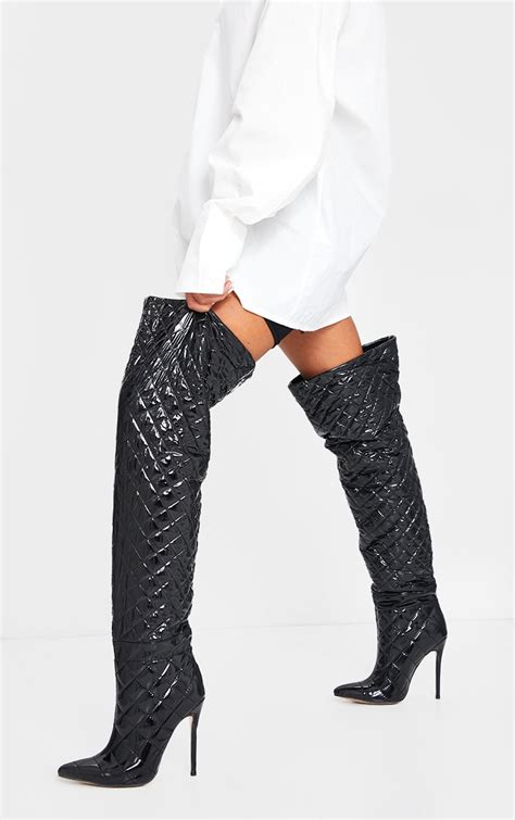 black vinyl quilted thigh high boot shoes prettylittlething ca
