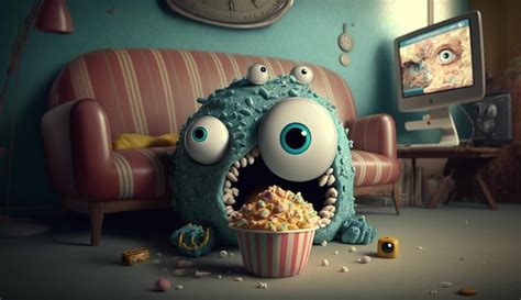 premium ai image a cartoon of a monster eating popcorn in front of a