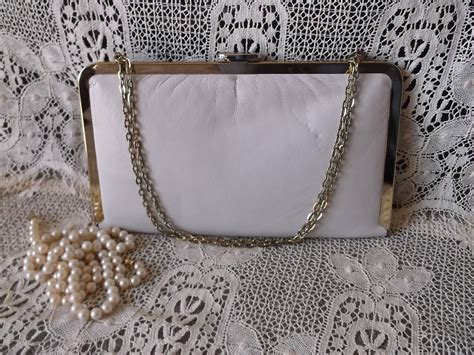 vintage white clutch purse gold color chain  white