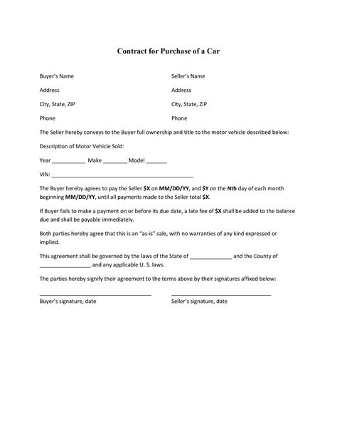 selling  car agreement letter sample   document template