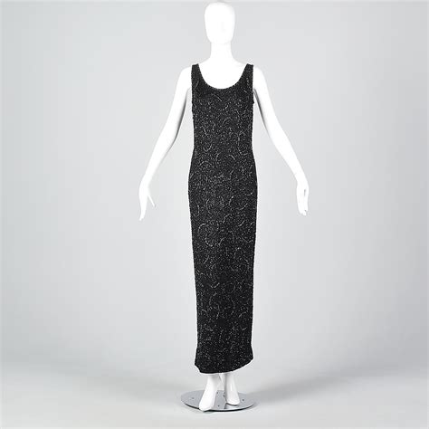 M L 1960s Dress Black Wool Knit Beaded Maxi Dress Lbd Sexy Cocktail 60s