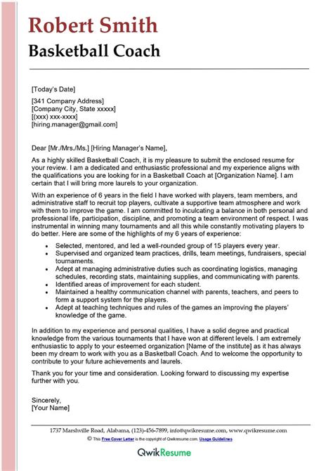 basketball coach cover letter examples qwikresume