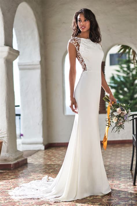 t212052 romantic sequin lace and stretch crepe wedding dress with bateau neckline