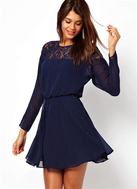 Blue Long Sleeve Lace Hollow Dress 20 26 Party Dress Long Sleeve Lace