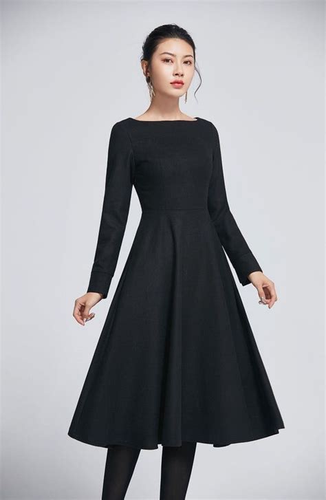 little black dress wool dress winter dress for women long wool dress