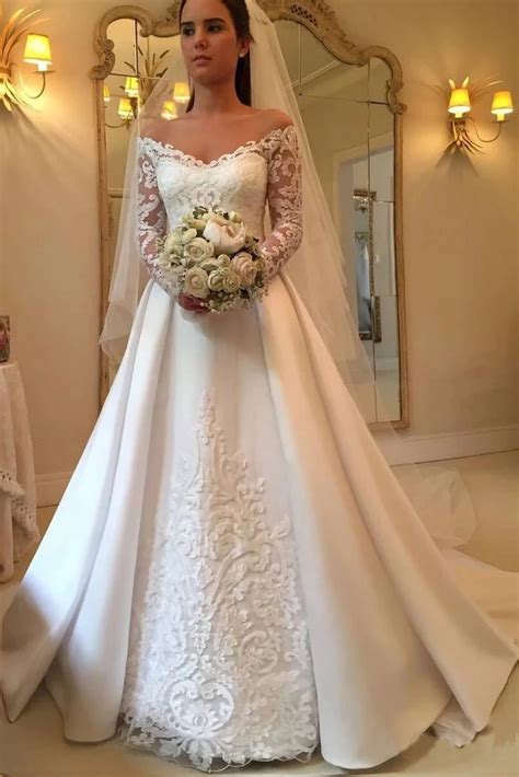 princess   shoulder modest wedding dresses  lace long sleeves  wedding dress