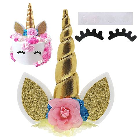 unicorn cake topper  eyelashesgold unicorn horn ears  flowers