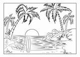 Coloring Island Paradise Beach Landscapes Tropical Adults Pages Landscape Palm Trees Adult Surfboard Setting Sun sketch template