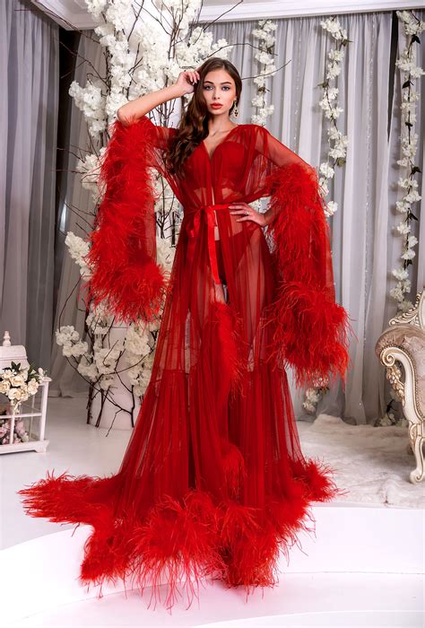 red ostrich feather see through sexy boudoir robe erminel