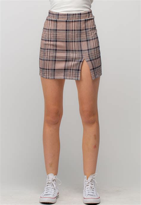 multi colored plaid mini skirt with slit shop at papaya clothing