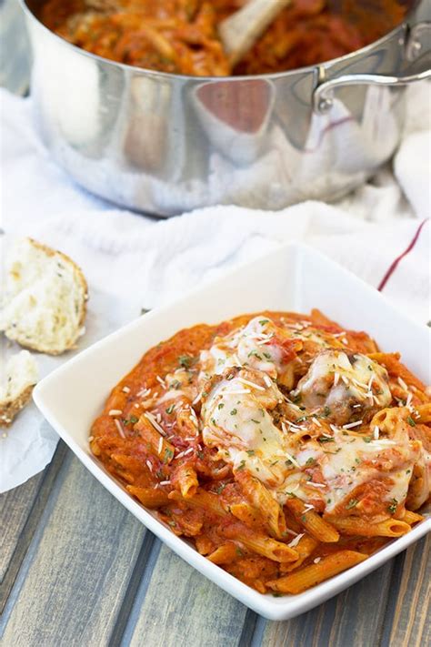 meatballs and penne in creamy marinara sauce countryside