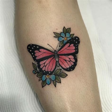 Small Pink Butterfly And Flowers Tattoo Flower Tattoo
