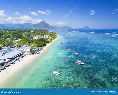 beautiful areal view  beach  boats  mauritius island royalty  stock photography