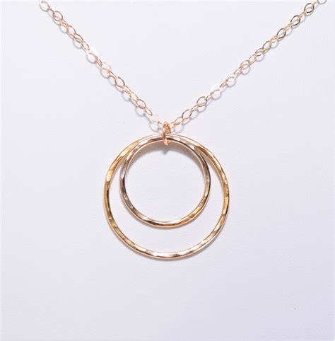 gold hammered circle necklace double circle pendant  fine etsy