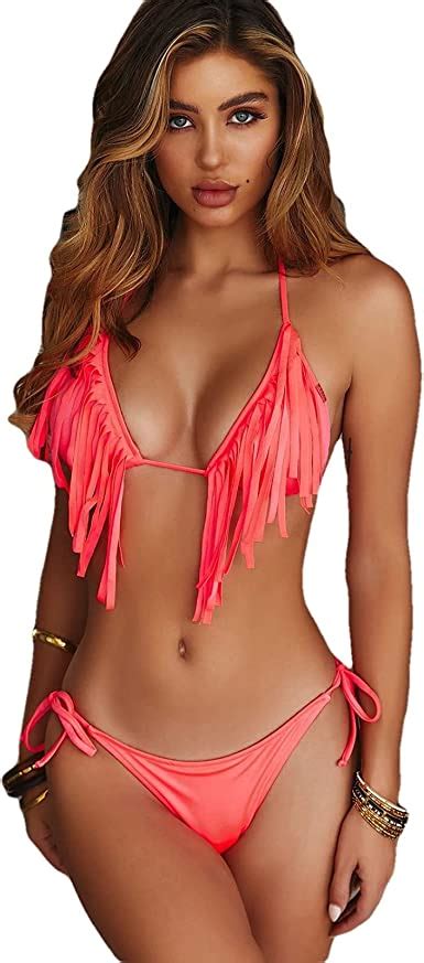 amazoncom bikini ins tassel breast pad swimsuit split fluorescent