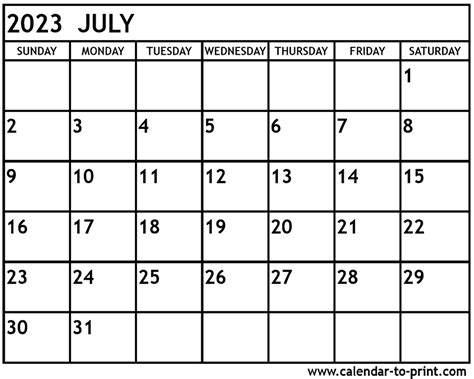 printable july  calendar large box grid space