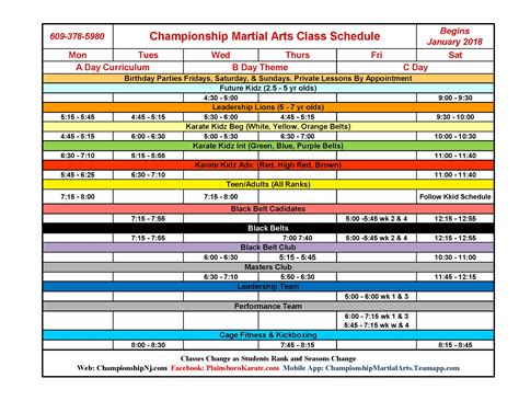 Class Schedule Championship Martial Arts
