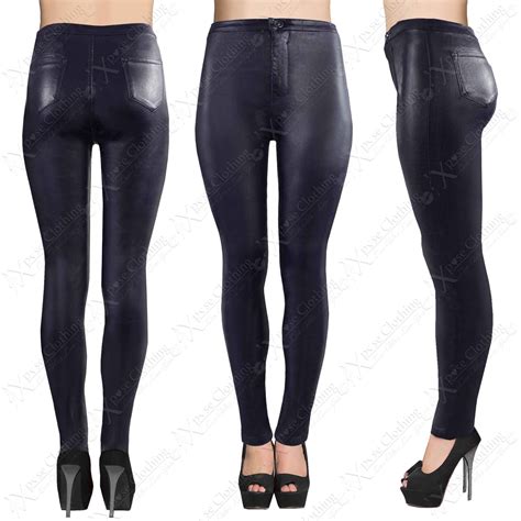 Ladies Women High Waisted Pu Tube Jeans Leather Wet Wax Look Skinny Fit