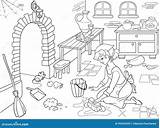 Cinderella Coloring Kitchen Cartoon Mess Book Vector Cleans Floor Girl Around Illustration sketch template