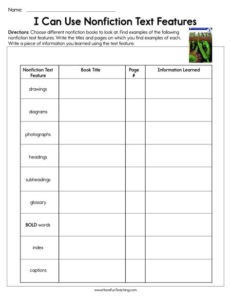 fiction text features worksheet  teach simple