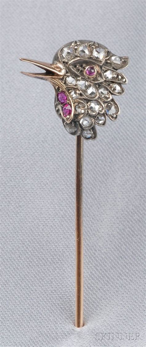 antique diamond and ruby songbird stickpin france antique hats