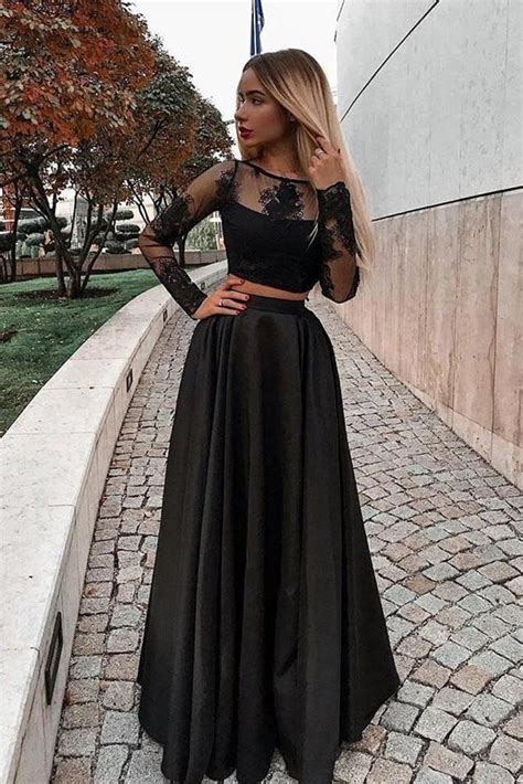 Two Pieces Long Sleeves Lace Black Prom Dresses 2 Piece