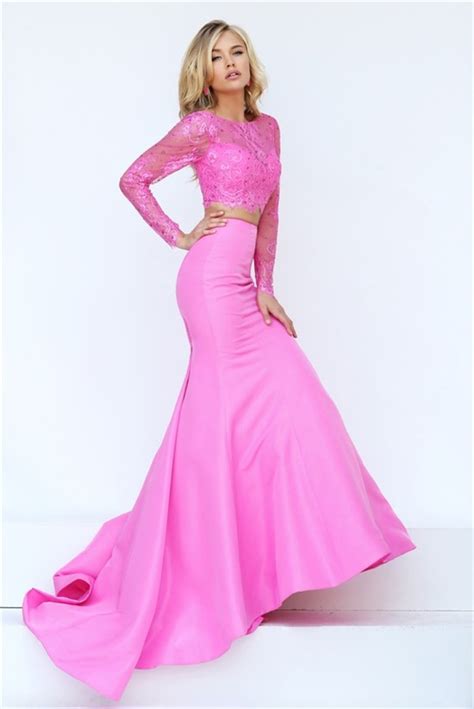 Gorgeous Mermaid Two Piece Pink Satin Lace Beaded Prom Dress With Long