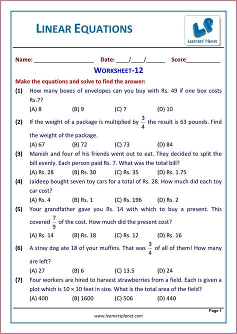 grade linear equations word problems worksheet worksheet resume