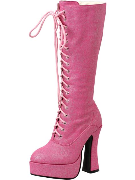summitfashions womens chunky platform boots lace  knee high pink white  green   heels