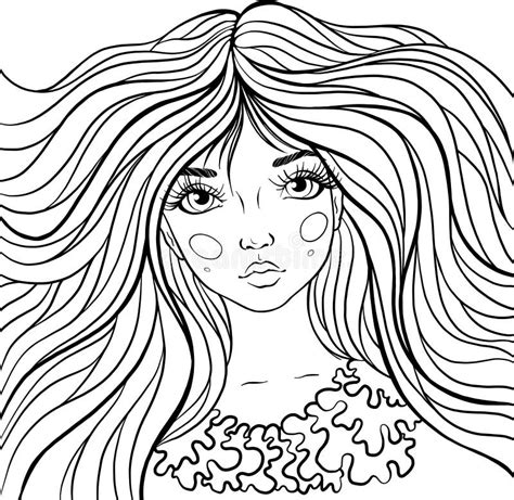 cartoon character girl  long hair coloring book vector isolated