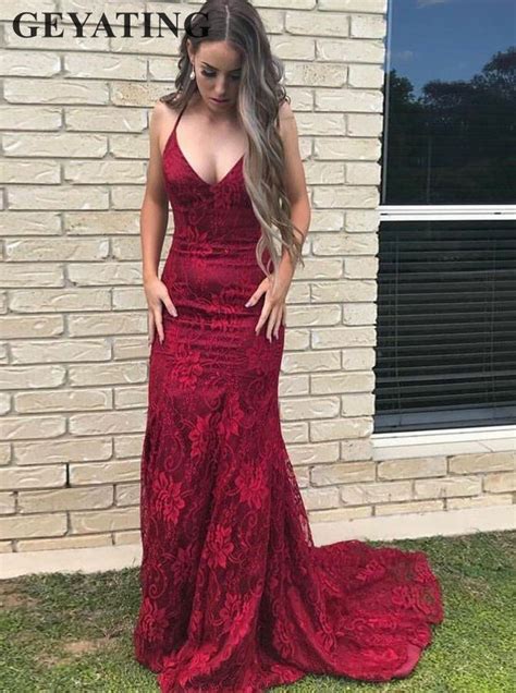 Sexy Mermaid Halter Wine Red Lace Prom Dress 2019 Long Spaghetti Straps