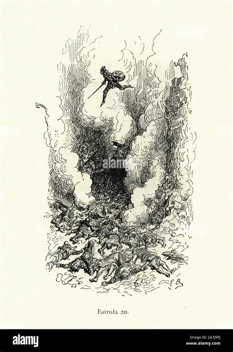ilustracion vintage de la historia orlando furioso heroe caballero saltando sobre los bobies de