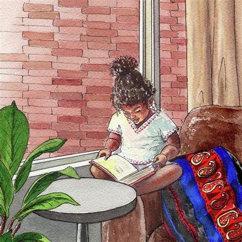 seated closer   light black girl reading book watercolor painting