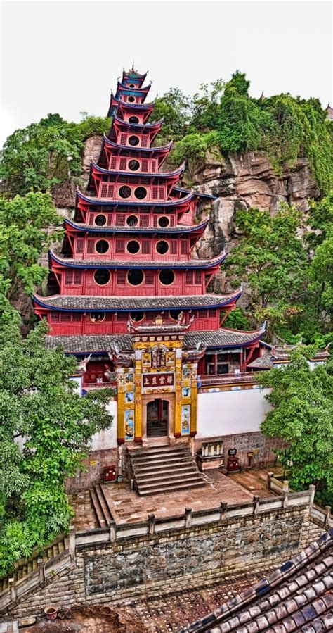 elevated view  buddhist temple  shibaozhai hill  yangtze river