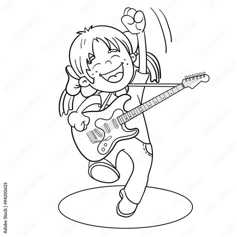 coloring page outline   cartoon girl   guitar stock vector