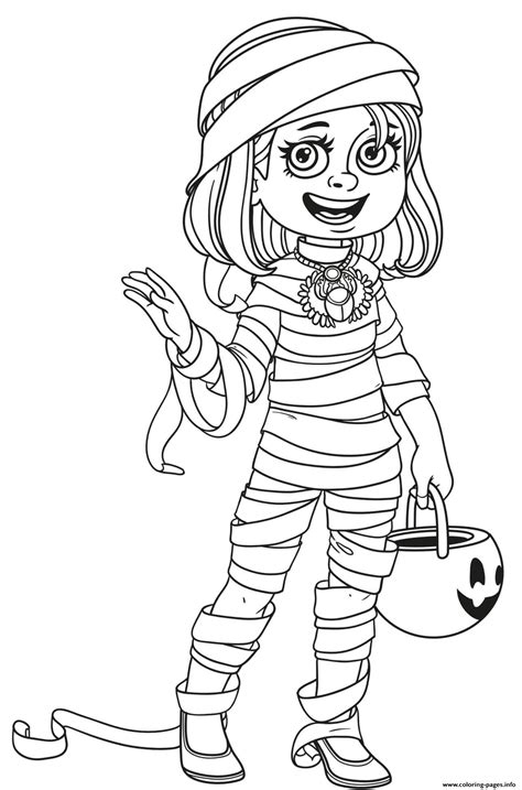 halloween girl mummy costume trick  treat coloring page printable