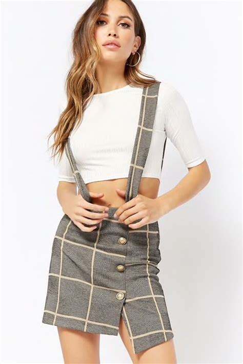 ribbed top and plaid suspender skirt set two piece outfit fashion clothes