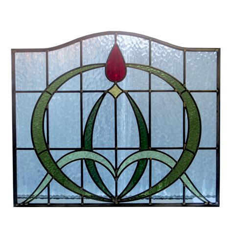 Art Nouveau Arched Stained Glass Panel From Period Home Style