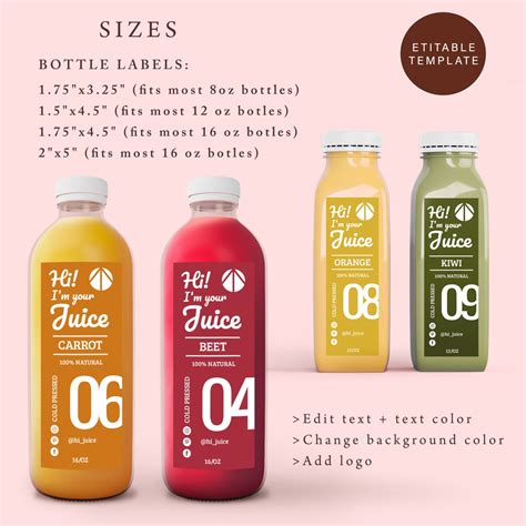 editable juice bottle label template custom juice label etsy