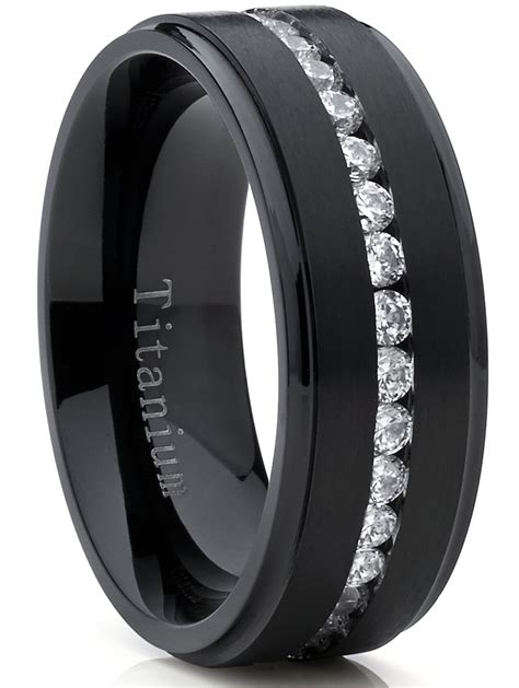 black titanium mens eternity wedding band ring  cubic zirconia cz comfort fit mm