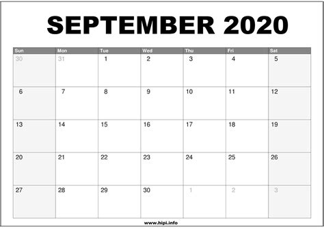 Full Size Sheet Printable September 2020calendar
