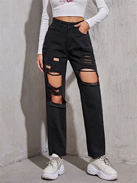 High Waist Ripped Straight Leg Jeans In 2021 High Waisted Black Jeans