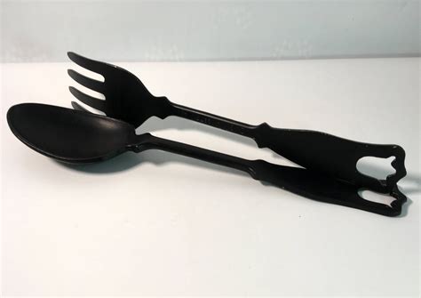retro oversized emig cast iron metal fork spoon set vintage mid century black boho kitsch