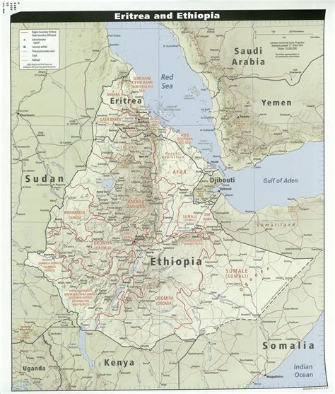 large detailed relief map  ethiopia  eritrea  highways cities