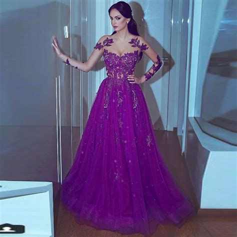 dark purple long prom gowns lace organza prom dresses long  sleeves purple prom